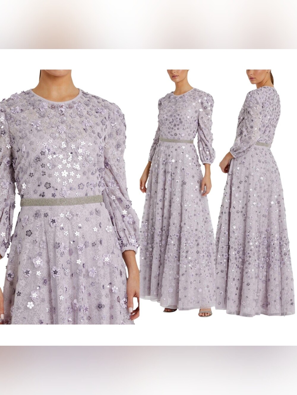 NWT $698 Mac Duggal Floral Applique Puff Sleeve  Gown